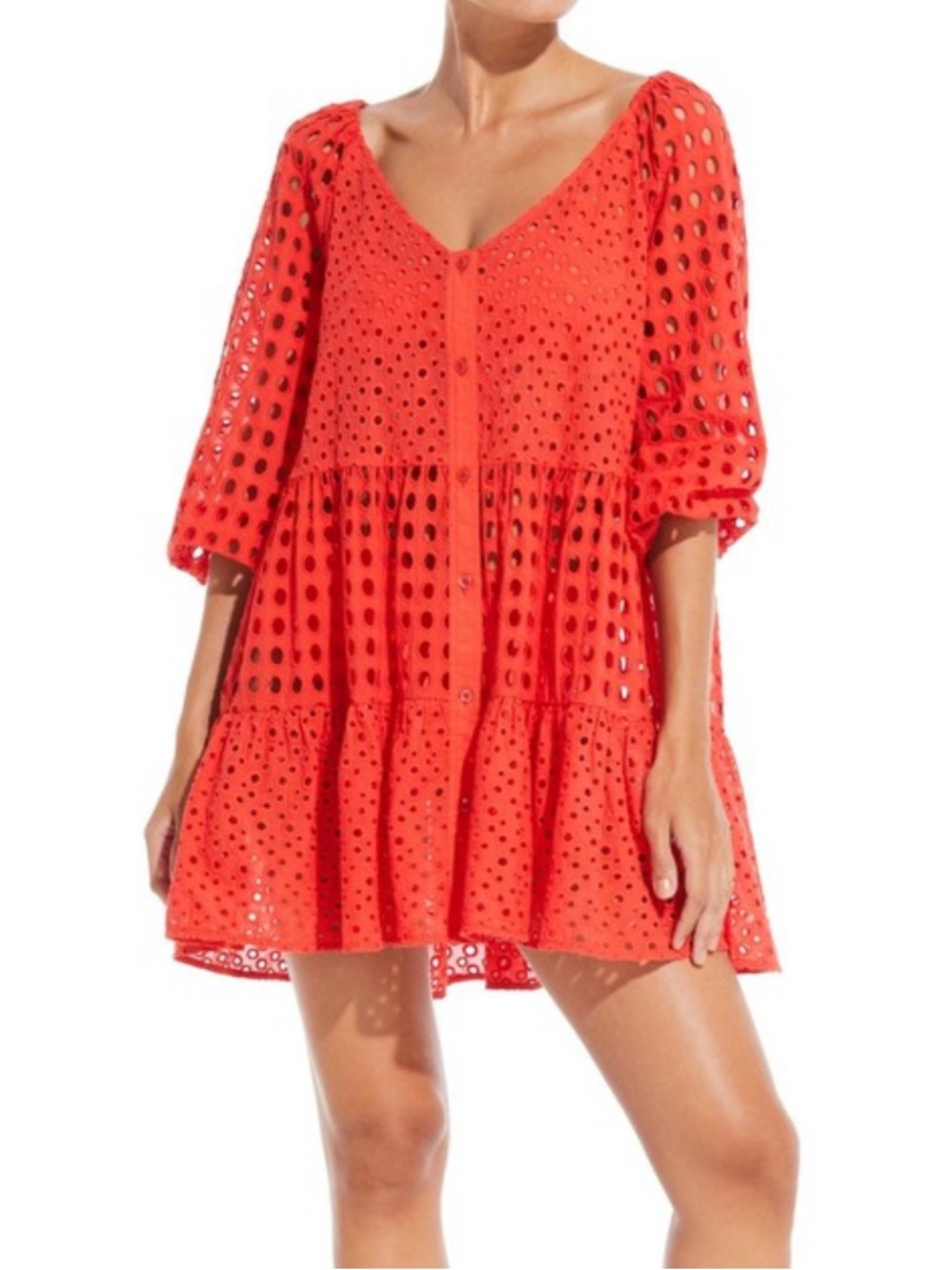Solid & Striped The Evan Mixed Eyelet Mini Dress in Orange